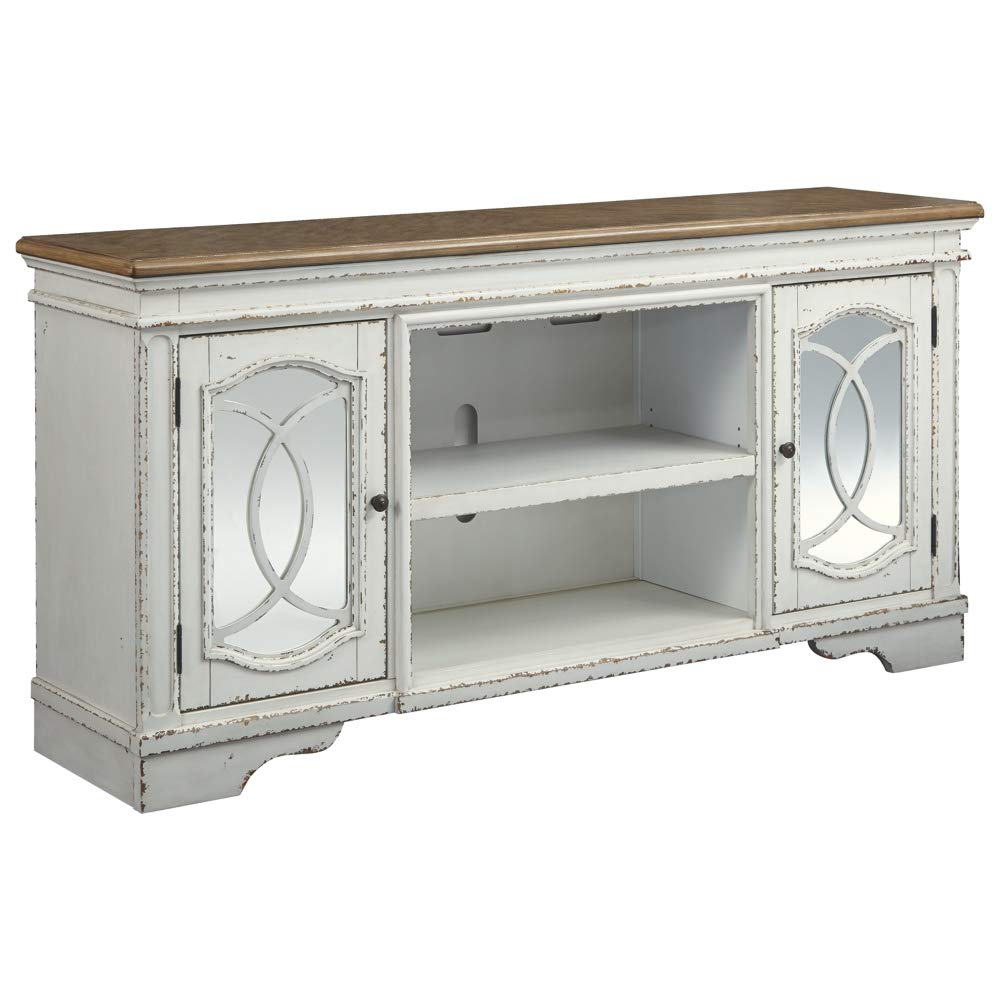 Signature Design by Ashley Realyn 74" Farmhouse TV Stand with Fireplace Option, White Entertainment Center for TVs up to 85", Antiqued Chipped White, Wood, Veneer and Engineered Wood