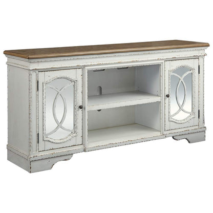 Signature Design by Ashley Realyn 74" Farmhouse TV Stand with Fireplace Option, White Entertainment Center for TVs up to 85", Antiqued Chipped White, Wood, Veneer and Engineered Wood