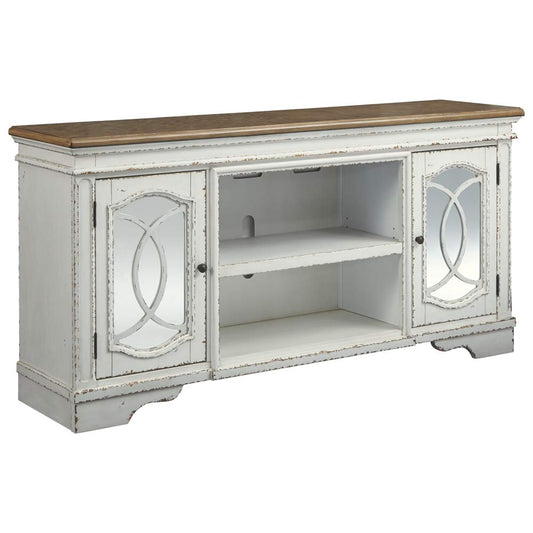 Signature Design by Ashley Realyn 74" Farmhouse TV Stand with Fireplace Option, White Entertainment Center for TVs up to 85", Antiqued Chipped White, Wood, Veneer and Engineered Wood