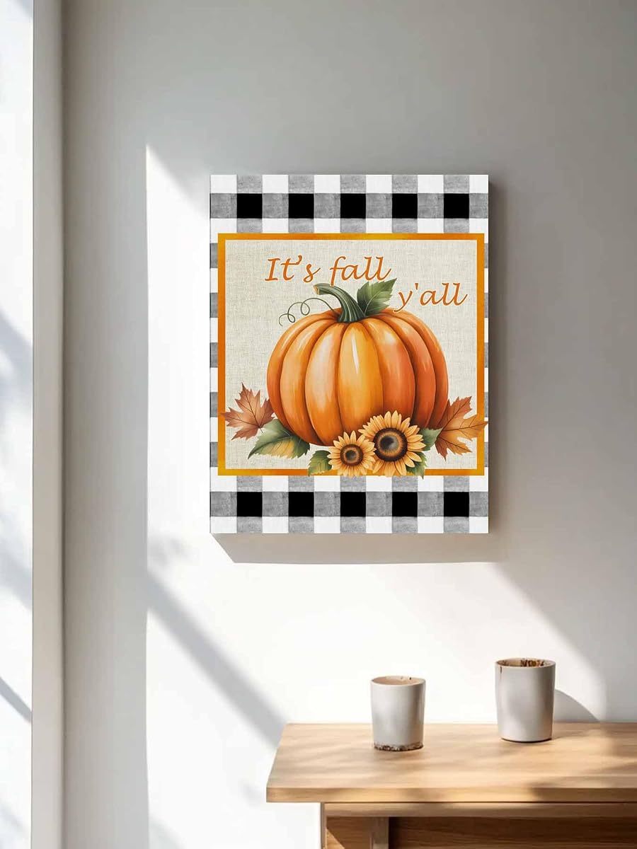NuYeBiofx Thanksgiving Orange Pumpkin Sunflower Canvas Wall Art Prints,30"x20" Framed Picture Artwork Fall Leaf Buffalo Plaid Printed Canvas Oil Painting for Living Room Bedroom Office,Ready to Hang