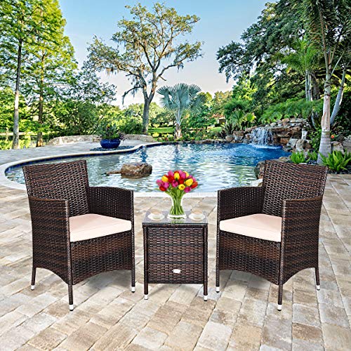 3 Piece Patio Set Wicker Rattan Furniture Set Outdoor Rattan Conversation Set with Coffee Table Chairs & Thick Cushions Bistro Sets for Patio Garden Lawn Backyard Pool