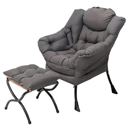 Lazy Chair with Ottoman, Modern Accent Chair with Armrests and a Side Pocket, Leisure Sofa Armchair, Reading Armchair with Footrest for Small Space, Dark Grey