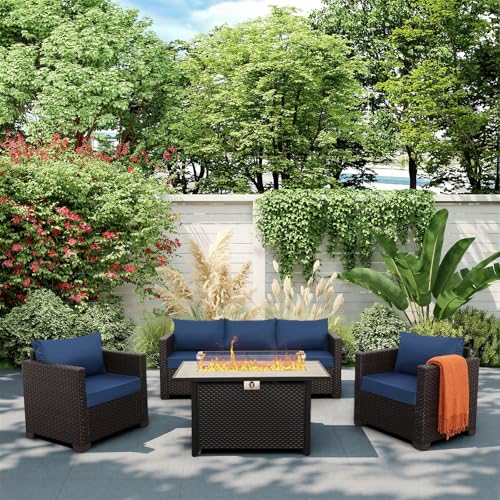 4 Piece Patio Furniture Set 45 Inches Fire Pit Table Outdoor Furniture Sets Patio Couch Outdoor Chairs 50000 BTU Propane Fire Pit with No-Slip Cushions and Waterproof Covers, Navy Blue