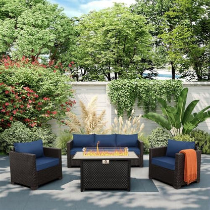 4 Piece Patio Furniture Set 45 Inches Fire Pit Table Outdoor Furniture Sets Patio Couch Outdoor Chairs 50000 BTU Propane Fire Pit with No-Slip Cushions and Waterproof Covers, Navy Blue