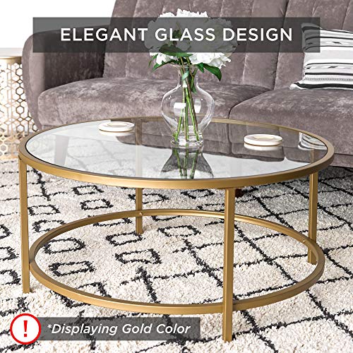 Best Choice Products 36in Modern Round Tempered Glass Accent Side Coffee Table for Living Room, Dining Room, Tea, Home Décor w/Metal Frame, Non-Marring Foot Caps - Gray