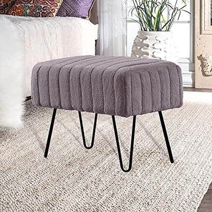 Super Mink Faux Fur Gray Ottoman Bench 19" x 13" x 17", Charcoal, Living Room Foot Rest Stool Entryway Makeup Bench End of Bed Bedroom Home Decor Chair for Sitting