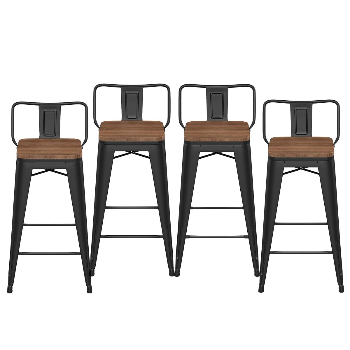 26" Low Back Metal Counter Stool Height Bar Stools with Wooden Seat [Set of 4] Barstools, Matte Black