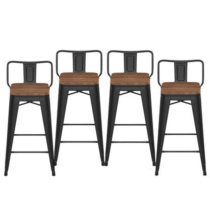 26" Low Back Metal Counter Stool Height Bar Stools with Wooden Seat [Set of 4] Barstools, Matte Black