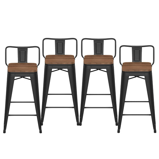 26" Low Back Metal Counter Stool Height Bar Stools with Wooden Seat [Set of 4] Barstools, Matte Black