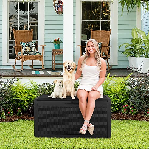 100 Gallon Waterproof Large Resin Deck Box Outdoor Storage Box Indoor Lockable Storage Container with Cushion for Patio Furniture Garden Pool Cushions (Black)