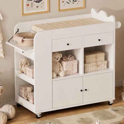 Baby Changing Table, 2 Drawers Nursery Changing Station with 4 Open Cubbies