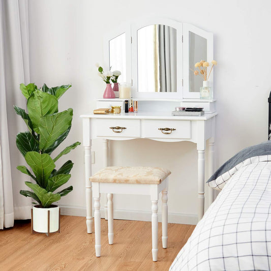 Vanity Set Makeup Table with Stool, Dressing Tables with 4 Drawers, Tri-Folding Mirror, Large Mirrored Room Vanity Desk for Bedroom Bathroom Padded Seat Chair Vanities, White