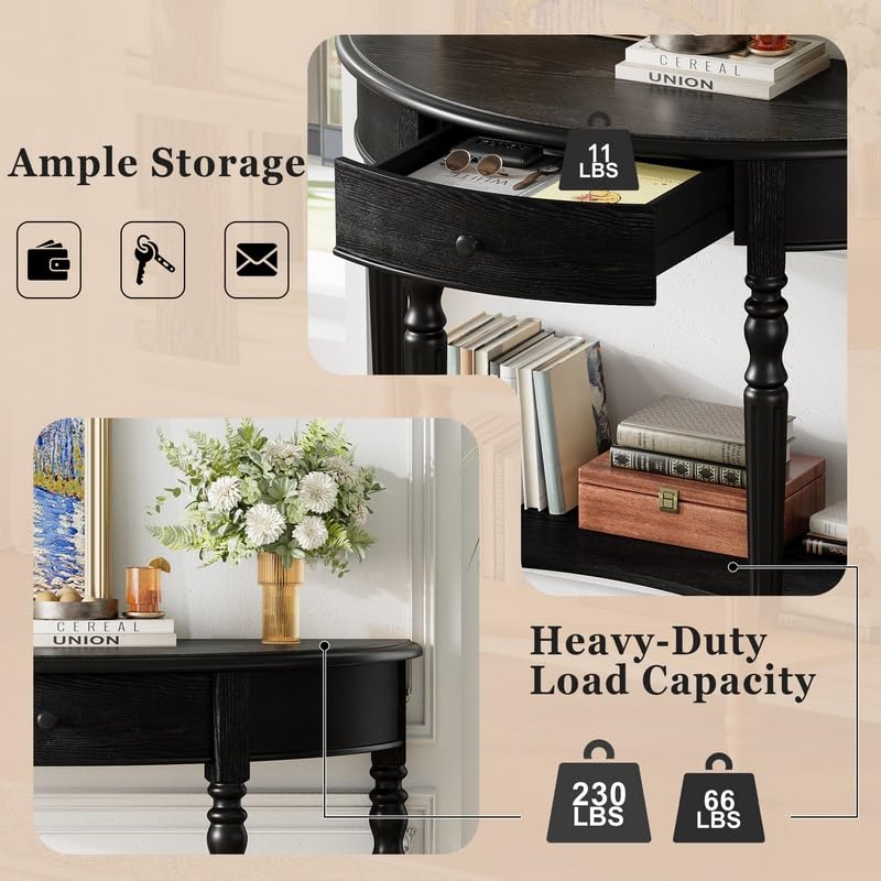 Black half moon console table with drawer and shelf, view 5