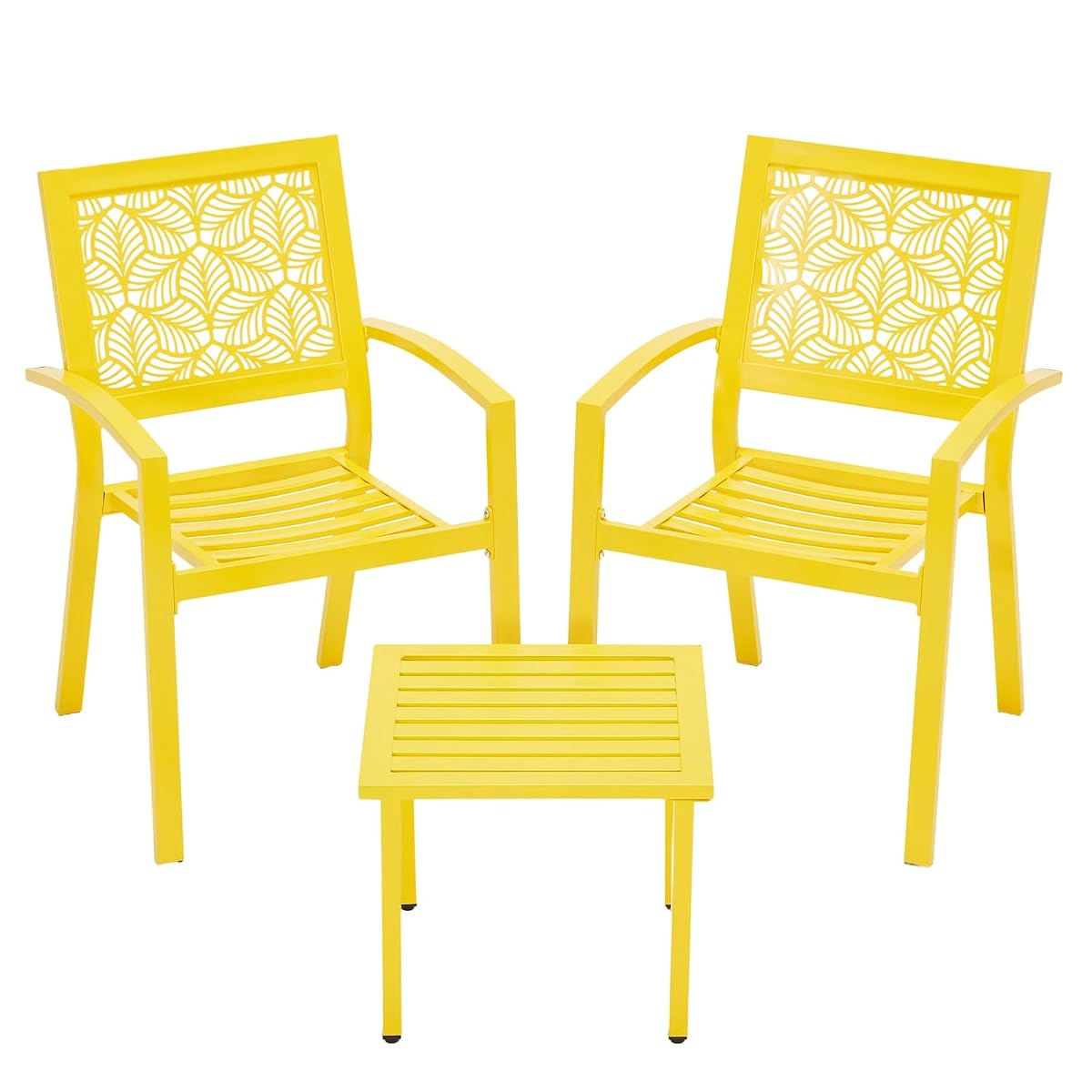 3 Piece Patio Bistro Set, Outdoor Steel Furniture Set, Stackable Modern Conversation Sets for Balcony Garden Deck Patio w/2 Chairs 1 Table, Yellow