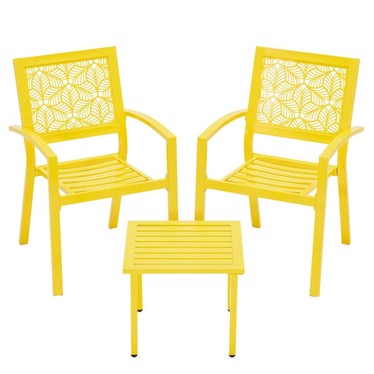 3 Piece Patio Bistro Set, Outdoor Steel Furniture Set, Stackable Modern Conversation Sets for Balcony Garden Deck Patio w/2 Chairs 1 Table, Yellow