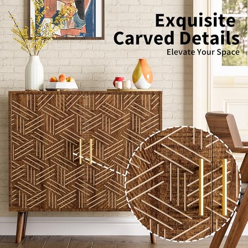 Mid Century Modern Buffet Sideboard Cabinet, Freestanding Wood Storage Cabinet with Magnetic Doors and Adjustable Shelves, Buffet Cabinet for Dining Room Living Room Entryway, Brown