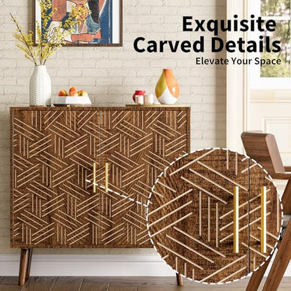 Mid Century Modern Buffet Sideboard Cabinet, Freestanding Wood Storage Cabinet with Magnetic Doors and Adjustable Shelves, Buffet Cabinet for Dining Room Living Room Entryway, Brown
