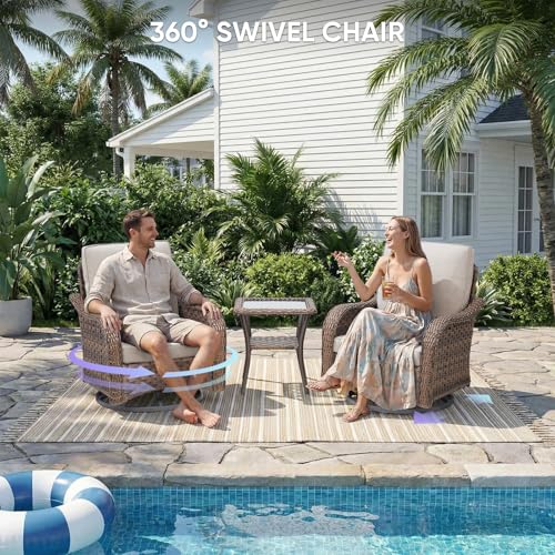 Patio Furniture Set - 5 Pieces All Weather Wicker Outdoor Couch Sofa 2 Swivel Chairs and 2 Ottomans, Ergonomic Design for Porch, Deck, Balcony, Garden, and Backyard(Beige)