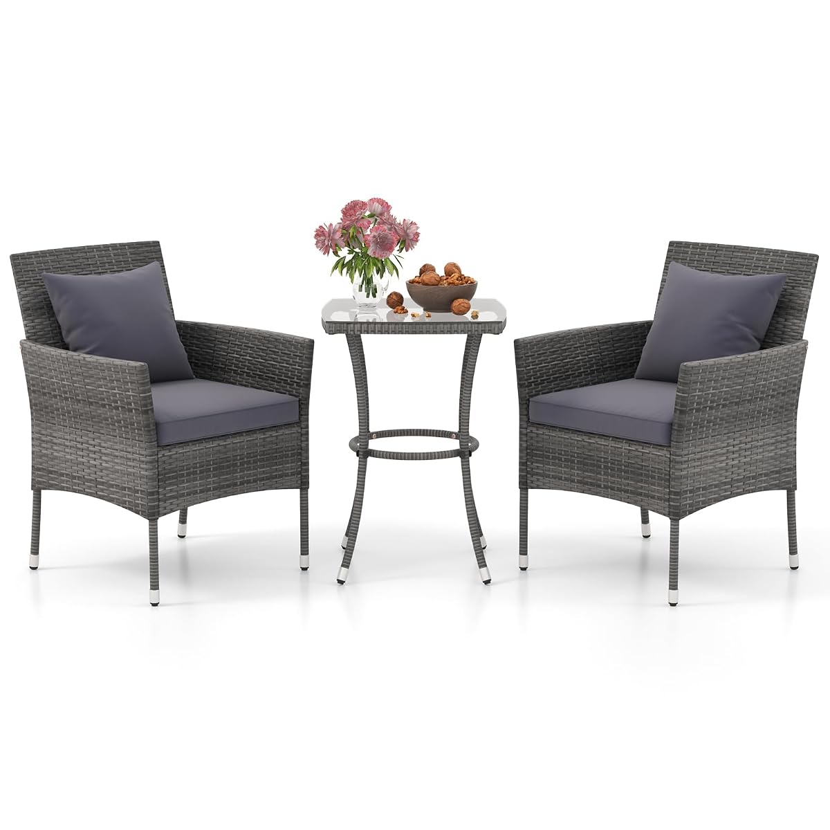 3-Piece Patio Furniture Set, PE Wicker Conversation Bistro Set w/A Tempered Glass Table & 2 Cushioned Chairs, Outdoor Table & Chairs Set for Patio Porch Yard Garden (Mix Gray+Grey)