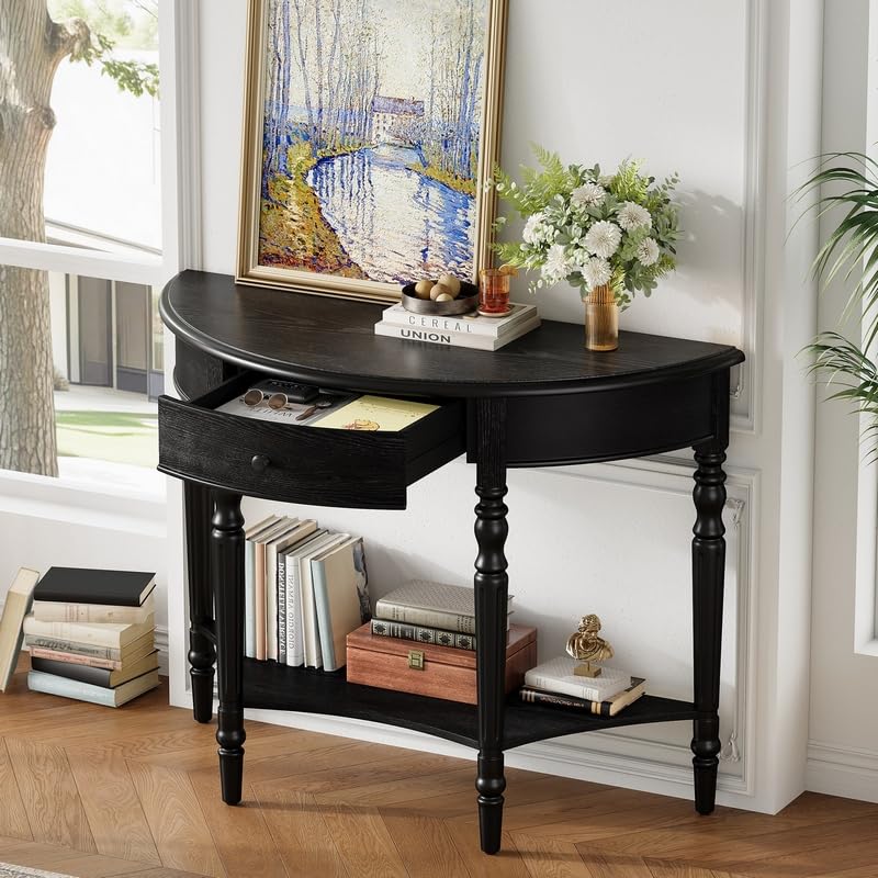Black half moon console table with drawer and shelf