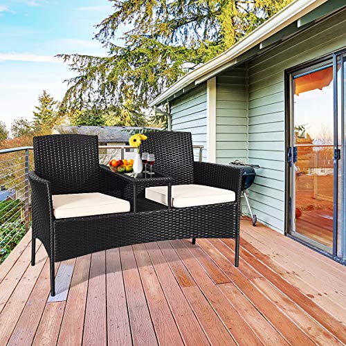 Wicker Patio Conversation Furniture Set, Outdoor Furniture Set with Removable Cushions & Table, Tempered Glass Top, Modern Rattan Bench for Garden Lawn Backyard (White)