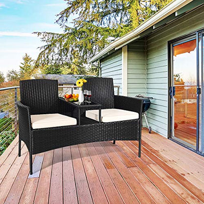 Wicker Patio Conversation Furniture Set, Outdoor Furniture Set with Removable Cushions & Table, Tempered Glass Top, Modern Rattan Bench for Garden Lawn Backyard (White)