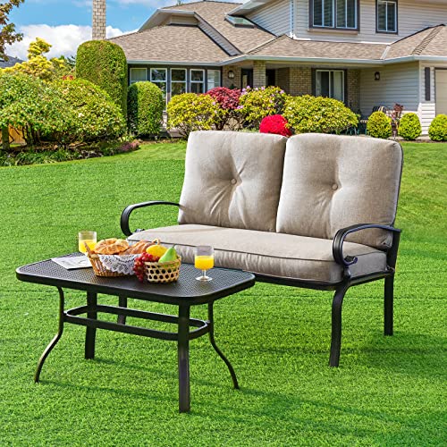 Patio Loveseat with Table Set, 2 Seat Cushioned Sofa with Coffee Table, Patio Conversation Sofa Set with Rustproof Frame, 2 Pieces Outdoor Furniture Set for Garden, Poolside, Balcony (Beige)