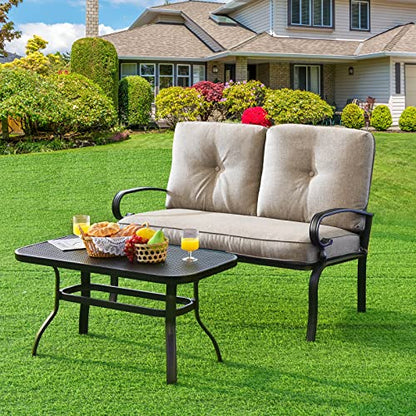 Patio Loveseat with Table Set, 2 Seat Cushioned Sofa with Coffee Table, Patio Conversation Sofa Set with Rustproof Frame, 2 Pieces Outdoor Furniture Set for Garden, Poolside, Balcony (Beige)