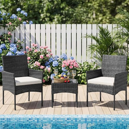 3-Piece Patio Furniture Set, Outdoor Wicker Rattan Chairs with Removable Cushion & Tempered Glass Table, Conversation Set Furniture for Porch, Balcony, Deck - Black