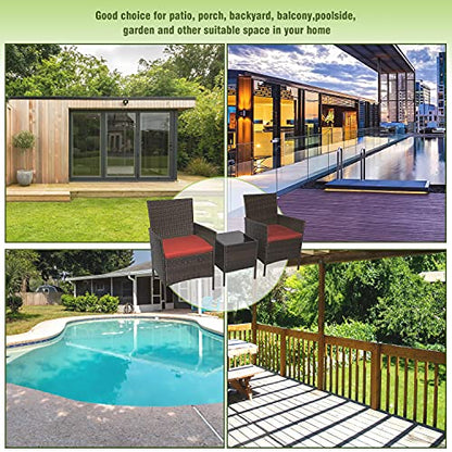 Fine Style 3 Piece Patio Furniture Set,Outdoor Wicker Rattan Conversation Set,Porch PE Outdoor Set with Coffee Table, Chairs & Thick Cushions, for Garden Lawn Backyard Pool (Brown-Rust)