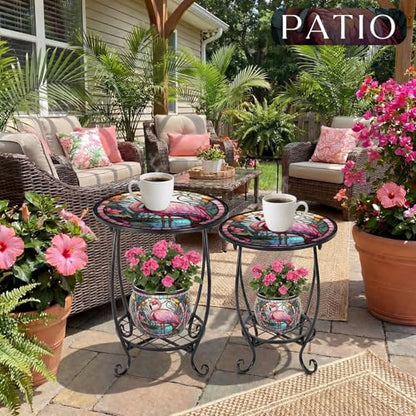 Cinnvoice 2 Pcs Outdoor Side Table Small Patio Round Mosaic Accent End Table Indoor Plant Metal Coffee Tea Tables for Patio Yard Porch Garden Living Room(12" and 16",Flamingo Style)
