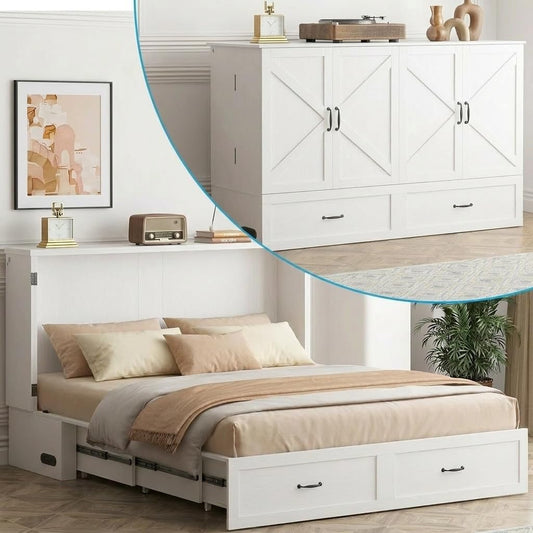 63" W Queen Murphy Bed, Cabinet Beds Queen Size with Built-in Charging Station and Drawer, Modern Cabinet Murphy Chest Bed, Hidden Guest Wall Beds, Space Saving - White (No Mattress)