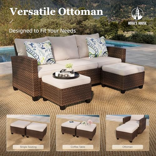 Patio Furniture Set, 5 Pieces Outdoor Wicker Furniture, All Weather Rattan Patio Conversation Set, Deep Seating Outdoor Sofa Sets for Lawn Deck Backyard, Brown/Beige