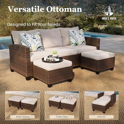 Patio Furniture Set, 5 Pieces Outdoor Wicker Furniture, All Weather Rattan Patio Conversation Set, Deep Seating Outdoor Sofa Sets for Lawn Deck Backyard, Brown/Beige