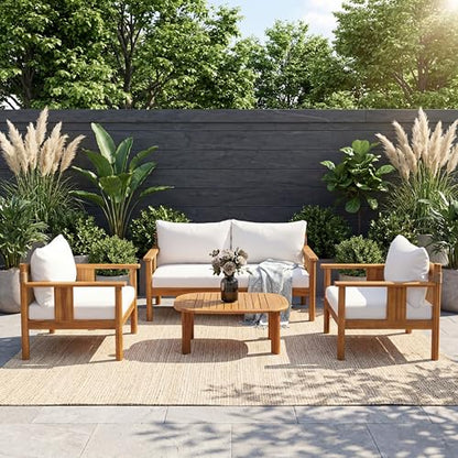Willy Acacia Wood Patio Furniture Set with Water-Repellent Cushion, 4 Piece Outdoor Acacia Wood Conversation Set, Outdoor Sectional Sofa Set with Coffee Table, Beige+Teak