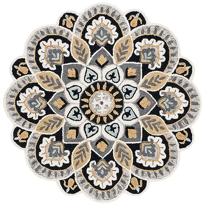 SAFAVIEH Novelty Collection Area Rug - 4' Round, Ivory & Black, Handmade Wool, Flower Design, Ideal for High Traffic Areas in Living Room, Bedroom, Dining (NOV604Z-4R)