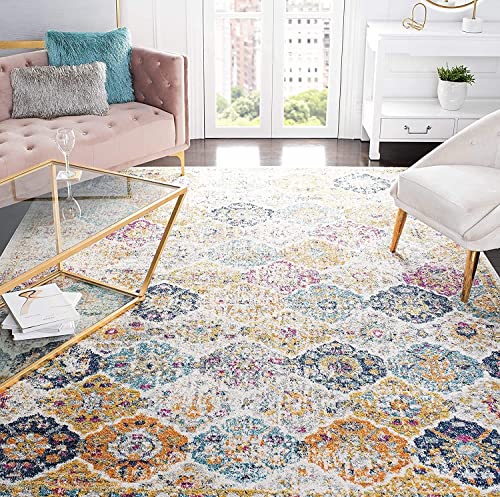 SAFAVIEH Madison Collection Area Rug - 6'7" Square, Cream & Multi, Boho Chic Distressed Design, Non-Shedding & Easy Care, Ideal for High Traffic Areas in Living Room, Bedroom (MAD611B)