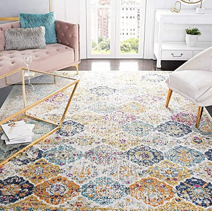 SAFAVIEH Madison Collection Area Rug - 6'7" Square, Cream & Multi, Boho Chic Distressed Design, Non-Shedding & Easy Care, Ideal for High Traffic Areas in Living Room, Bedroom (MAD611B)
