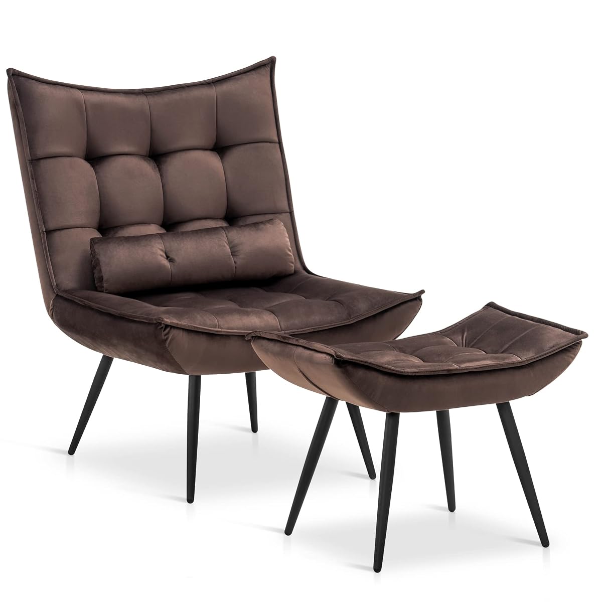 Accent Chair with Ottoman, Modern Velvet Wingback Lounge Chair, Upholstered Club Chair for Small Space, Living Room & Bedroom 4079 (Brown)