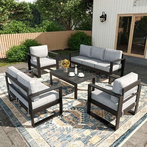 5 Piece Modern Aluminum Patio Furniture Set, Outdoor Patio Sectional Conversation Metal Seating Sets with Olefin Cushion and Coffee Table