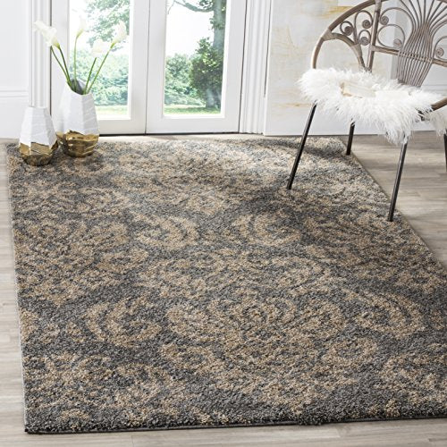 SAFAVIEH Florida Shag Collection Area Rug - 4' Square, Grey & Beige, Damask Design, Non-Shedding & Easy Care, 1.2-inch Thick Ideal for High Traffic Areas in Living Room, Bedroom (SG460-8013)