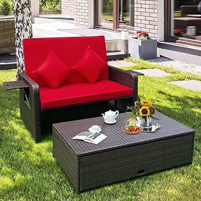 Moccha Outdoor Daybed, Wicker Loveseat Sofa Set with 4-Postion Adjustable Backrest, Storage Ottoman, Cushions, Rattan Double Bed Lounger, Patio Furniture Set (Red)