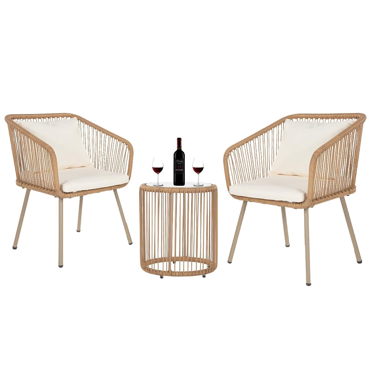 3-Piece Outdoor Furniture Modern Patio Bistro Set Rattan Conversation Set Wicker Patio Furniture Set with 2 Chairs Coffee Table Cushions Lumbar Pillows for Patio Outdoor Backyard Porch, White