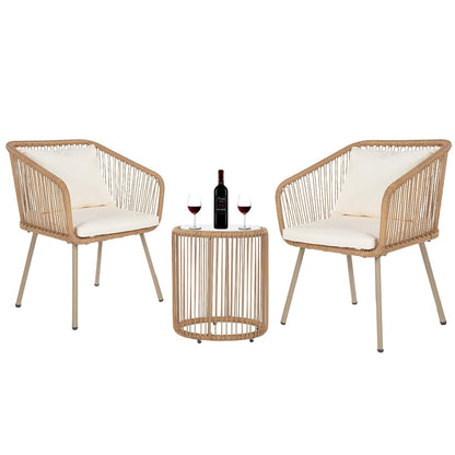 3-Piece Outdoor Furniture Modern Patio Bistro Set Rattan Conversation Set Wicker Patio Furniture Set with 2 Chairs Coffee Table Cushions Lumbar Pillows for Patio Outdoor Backyard Porch, White