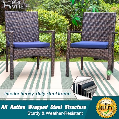 Patio Wicker Chair Set of 2, Outdoor Modern PE Rattan Armchair with Removable Cushions for Deck, Porch, Balcony