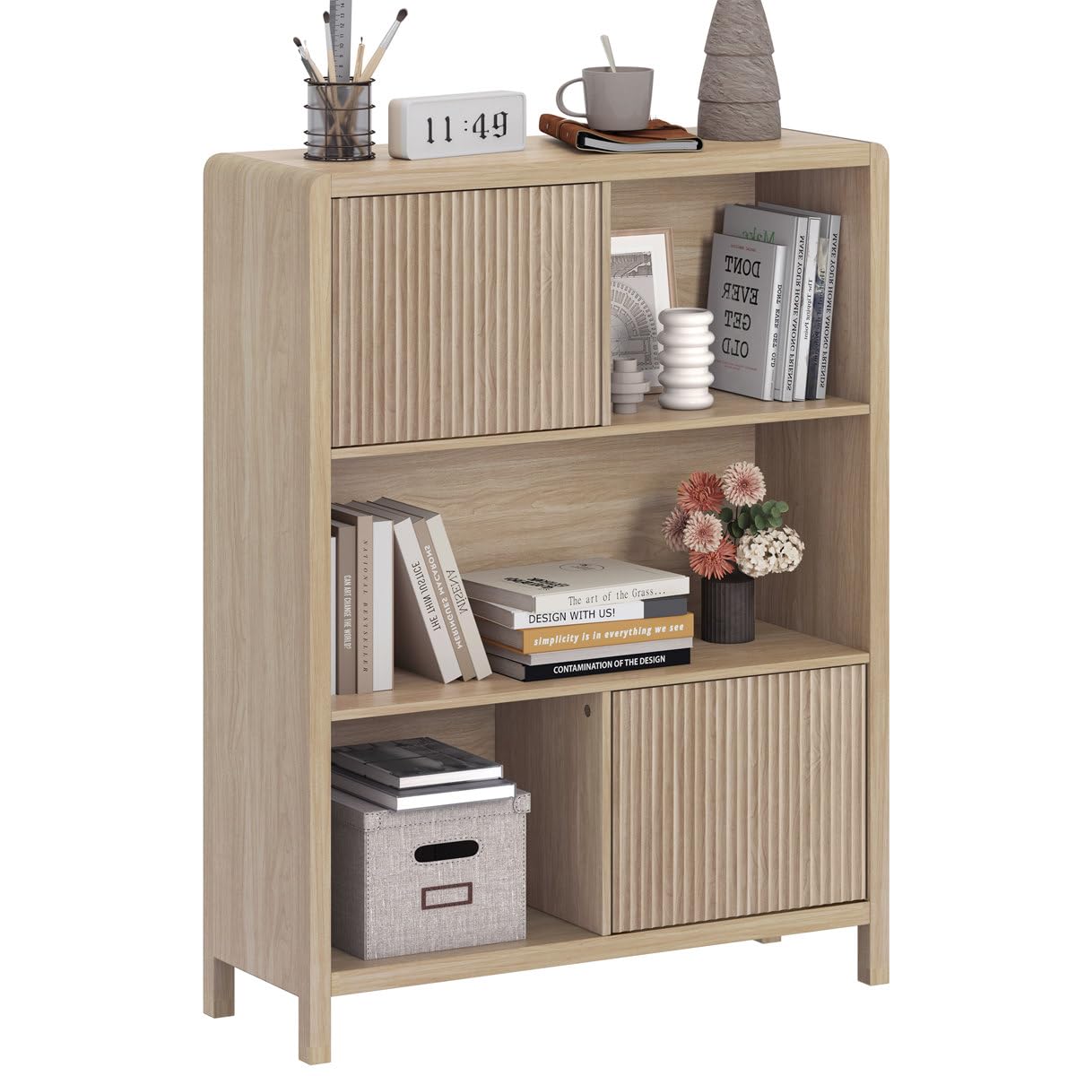 Cube Bookshelf with 2 Doors, Wood Bookcase with Storage, Modern 5 Cubby Book Shelf for Home Office Living Room (Light Walnut)