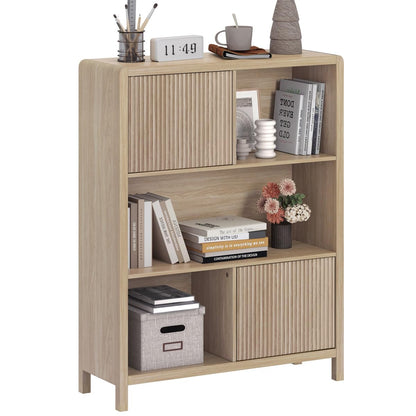 Cube Bookshelf with 2 Doors, Wood Bookcase with Storage, Modern 5 Cubby Book Shelf for Home Office Living Room (Light Walnut)