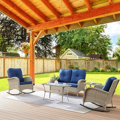 Outdoor Rocking Chairs Set of 2, Wicker Rocker Rocking Chairs for Porch, 3 Pieces Patio Furniture Sets Rocking Bistro Set with Cushions and Side Table