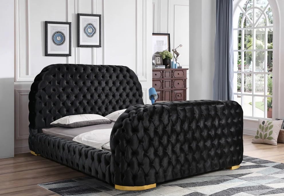 Leon Velvet Queen Bed Frame with TV Stand & Fireplace in Footboard