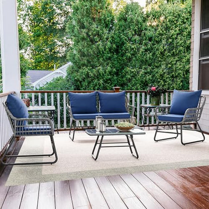 4 Piece Patio Furniture Set, Wicker Outdoor Bistro Set, All Weather Rattan Patio Conversation Set with Soft Cushions and Glass Side Table for Backyard, Balcony, Deck - Navy Blue